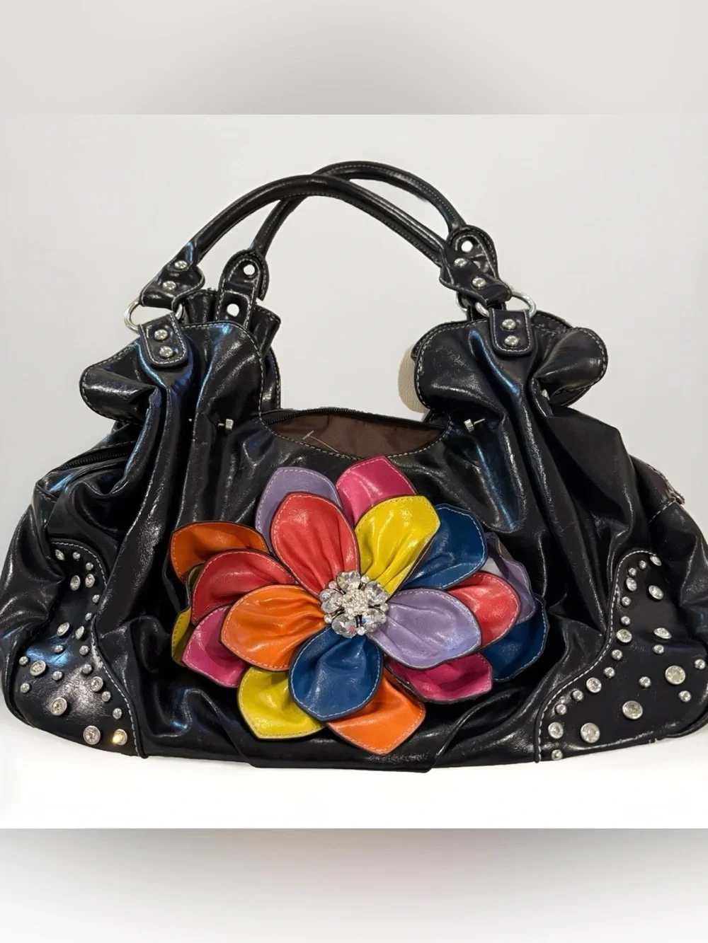 Y2K Black Studded Shoulder Bag Oversized Multicolored Flower Rhinestone Slouch